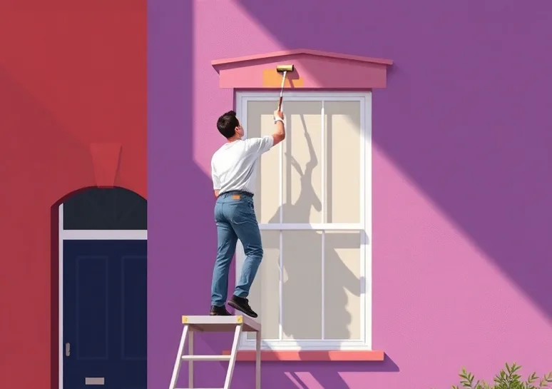 Peintre sur échafaudage traitant la façade d'une maison